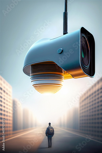 A huge surveillance camera looks at a citizen from a high-rise building