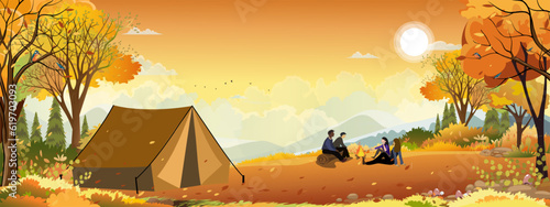 Family enjoying vacation camping at countryside in Autumn,Group of People sitting near the tent and campfire having fun talking together, Vector Rural landscape in fall forest tree with sunset sky