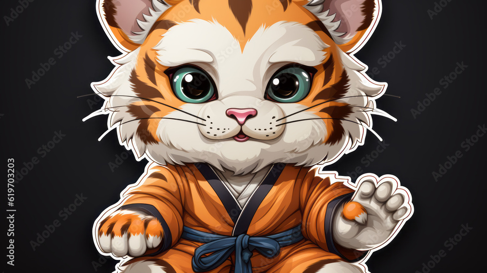 Sticker an adorable cute tiger in karate outfit, generative ai