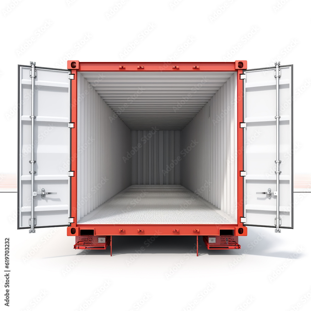Open empty red cargo container with open doors waiting for the load for the next delivery and shipping. isolated on black background. Generative ai Open empty red cargo container with open doors waiting for the load for the next delivery and shipping. isolated on black background. Generative ai