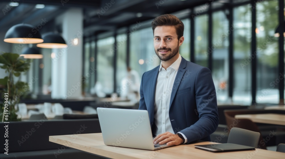 Handsome young business man standing confident in the office. Generative Ai. Handsome young business man standing confident in the office. Generative Ai.
