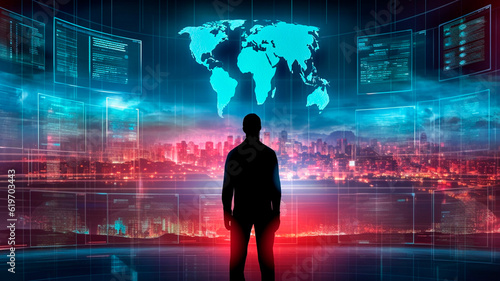 The silhouette of a person standing in front of a large digital screen with a global data flow showing various cyber threats and vulnerabilities. Generative AI