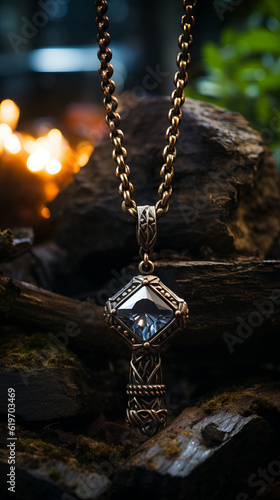 Viking necklace in nature, generative ai