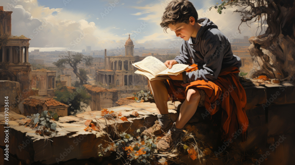Fototapeta premium person in the park, boy with book with city in background, generative ai