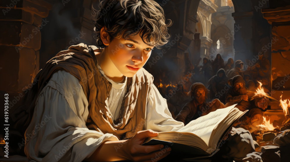 person in the park, boy with book with city in background, generative ai person in the park, boy with book with city in background, generative ai