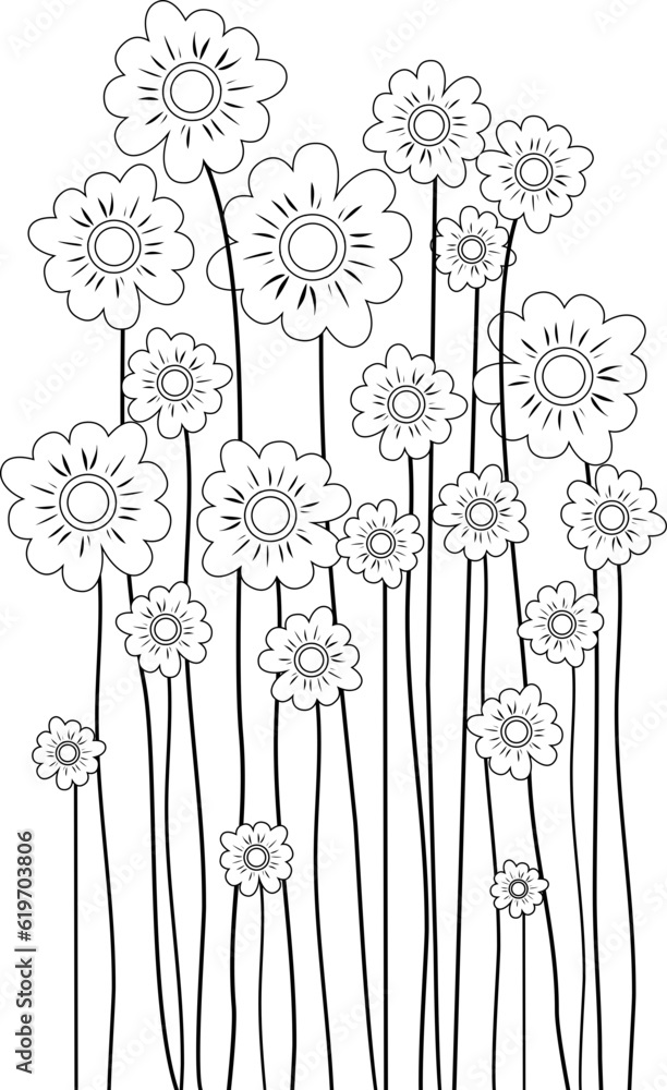 Obraz premium Flowers Line Art. Hand Draw Bouquet of Flowers Outline Illustration. Flowers Outline. Flowers Outline Illustration. Flowers Outline Isolated on White Background. Elements for design.