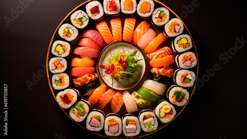 Vibrant images of fresh sushi rolls, arranged artfully on a plate. Generative AI