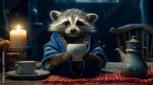 Tiny cute fluffy baby raccoon with cup of coffee  generative ai