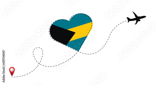 Airplane flight route with Bahamas flag inside the heart.