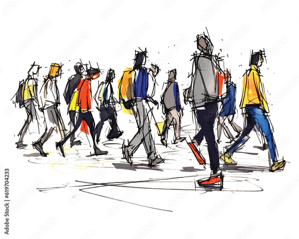 Obraz premium vector illustration: crowd of people walking along city street. Sketch made with marker and watercolor