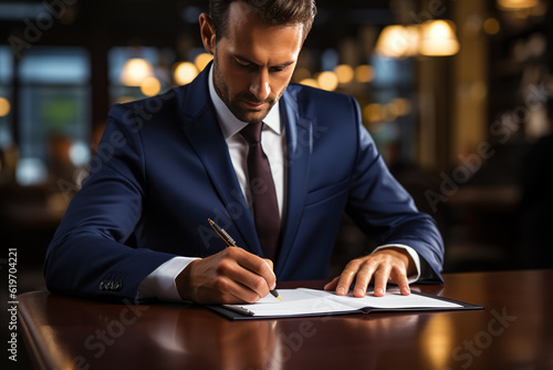 Business Document Signing Man. European Executive at Brightly Lit Office Table, Professional Corporate Contract Agreement, Work Photo. Generative AI.