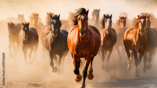 Wild horses running in a herd. Generative AI