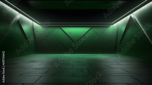 Empty geometrical Room in Green Colors with beautiful Lighting. Futuristic Background for Product Presentation.