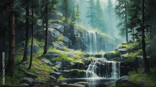 waterfall in the mountains  waterfall in summer pine fog forest  generative ai