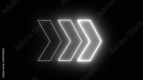 Glowing right white neon arrow pointer on dark background. Colorful and shining retro light sign. 3D rendering of glowing neon arrows on a black background. Flashing direction indicators.