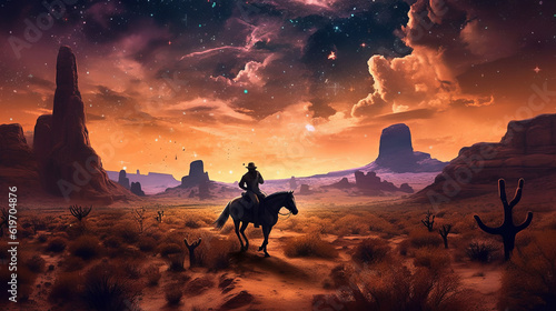 sunset in the mountains, western cowboy riding his horse at sunset with stars, generative ai