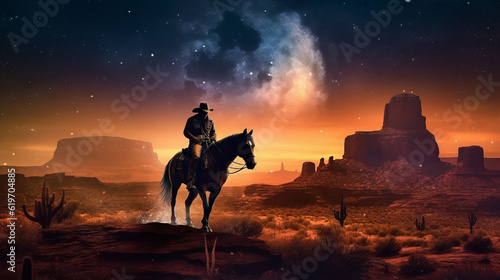 sunset in the mountains, western cowboy riding his horse at sunset with stars, generative ai