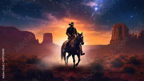 Foto sunset in the mountains, western cowboy riding his horse at sunset with stars, g