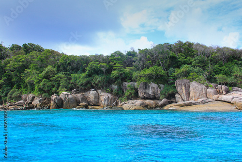 The image of the sea and white sand beach in Phuket is beautiful on a clear day and is a tourist destination of Thailand.