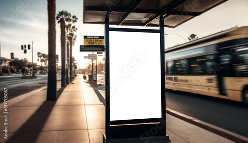 Modern Empty space advertisement board, blank white signboard in city, Vertical Bus stand empty billboard or Marketing banner ad space in city, Advertisement billboard on bus stand in city
