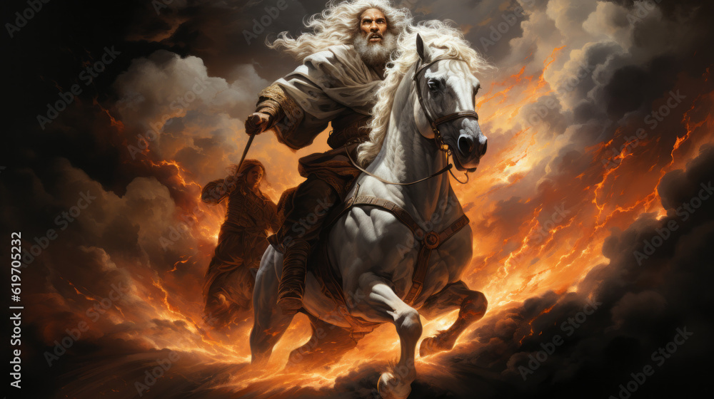 God of israel on horse back with storm in background, generative ai