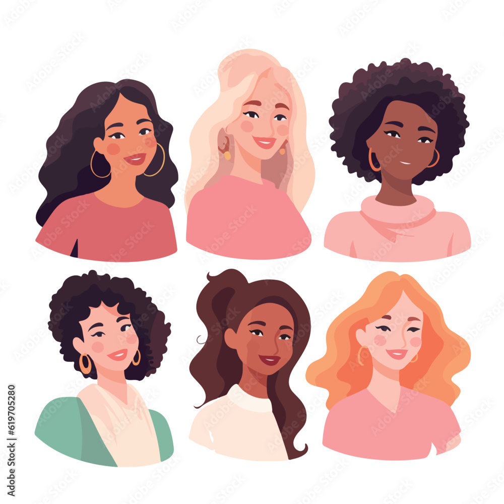 Beautiful diverse women, girls, isolated on white. Flat style vector illustration. Female cartoon characters set.Feminism, gender equality concept Beautiful diverse women, girls, isolated on white. Flat style vector illustration. Female cartoon characters set.Feminism, gender equality concept