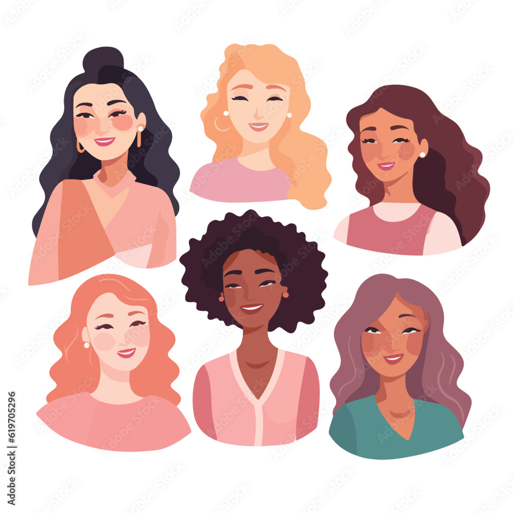 Beautiful diverse women, girls, isolated on white. Flat style vector illustration. Female cartoon characters set.Feminism, gender equality concept Beautiful diverse women, girls, isolated on white. Flat style vector illustration. Female cartoon characters set.Feminism, gender equality concept