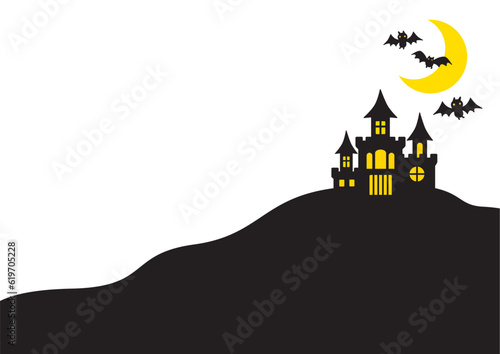 コウモリが飛ぶお城のシルエットイラスト