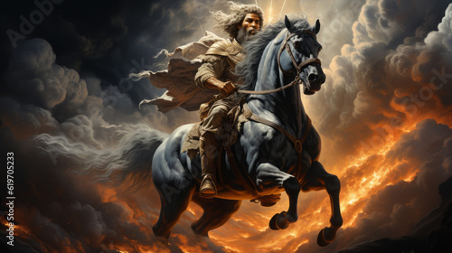 God of israel on horse back with storm in background, generative ai