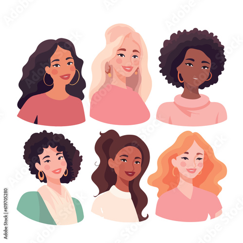 Beautiful diverse women, girls, isolated on white. Flat style vector illustration. Female cartoon characters set.Feminism, gender equality concept