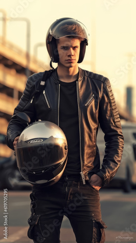Young man in leather jacket next to motorcycle, generative ai © TheGoldTiger
