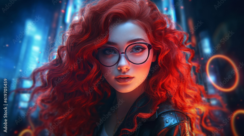 Young woman red long curly hair with glasses, generative ai Young woman red long curly hair with glasses, generative ai