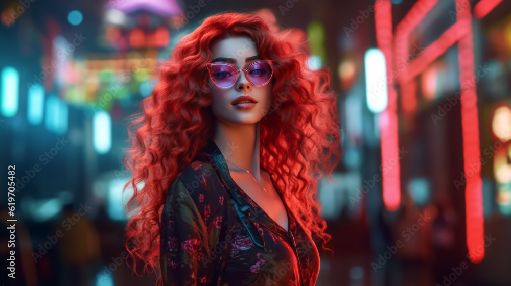 Young woman red long curly hair with glasses, generative ai Young woman red long curly hair with glasses, generative ai