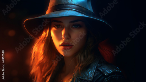 Young woman in a hat and leather jacket, generative ai