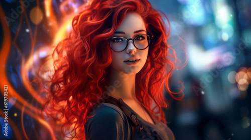 Young woman red long curly hair with glasses, generative ai