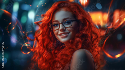 Young woman red long curly hair with glasses, generative ai