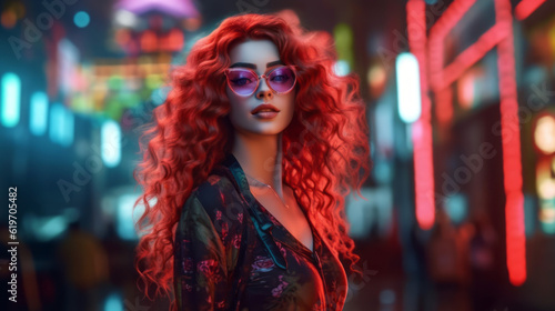 Young woman red long curly hair with glasses, generative ai © TheGoldTiger