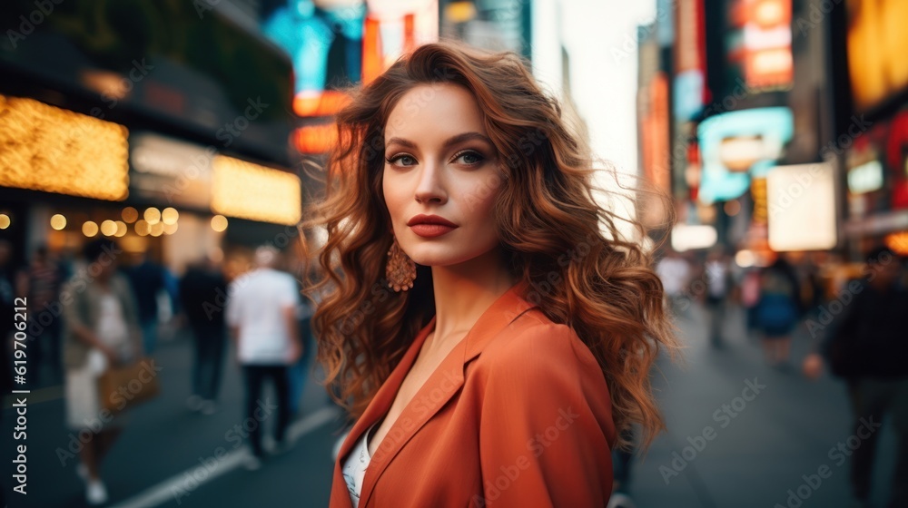 A beautiful woman portrait, city street with new york city as background. Generative AI. A beautiful woman portrait, city street with new york city as background. Generative AI.