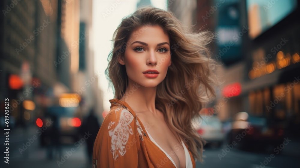 A beautiful woman portrait, city street with new york city as background. Generative AI. A beautiful woman portrait, city street with new york city as background. Generative AI.