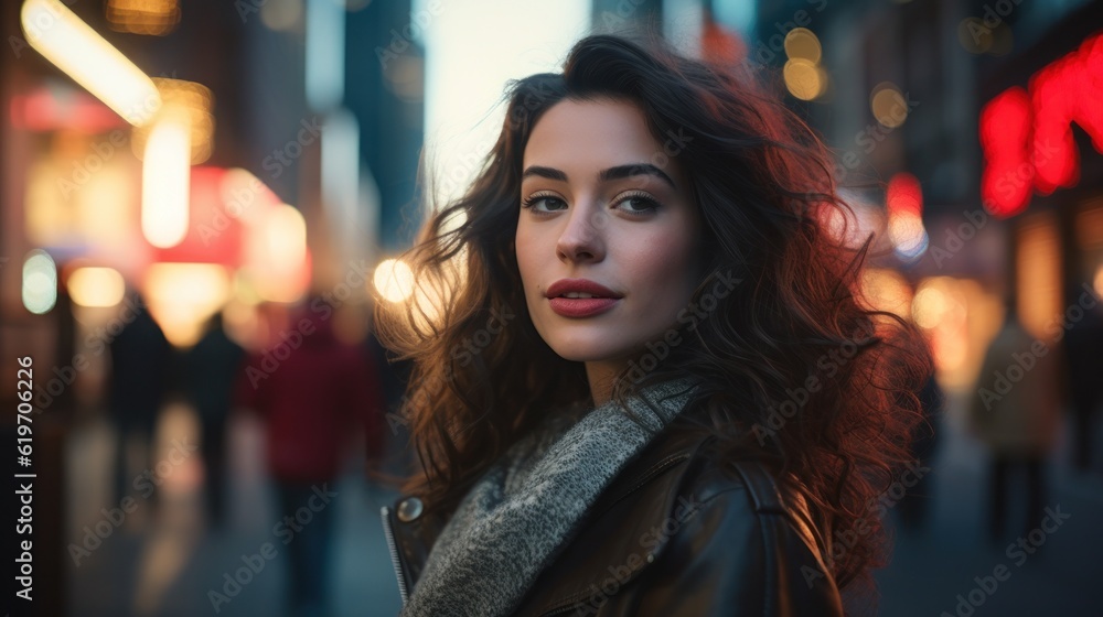 A beautiful woman portrait, city street with new york city as background. Generative AI. A beautiful woman portrait, city street with new york city as background. Generative AI.