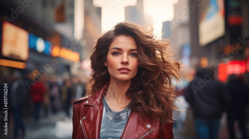 A beautiful woman portrait, city street with new york city as background. Generative AI.