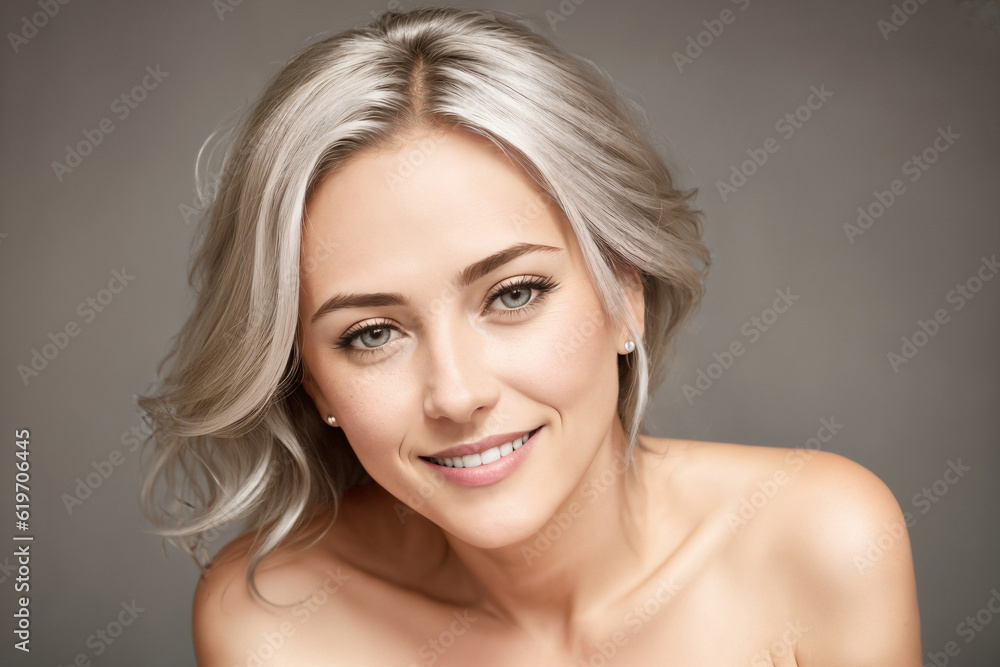 Portrait of a beautiful woman on a gray background, face close-up. Generative AI. Portrait of a beautiful woman on a gray background, face close-up. Generative AI.