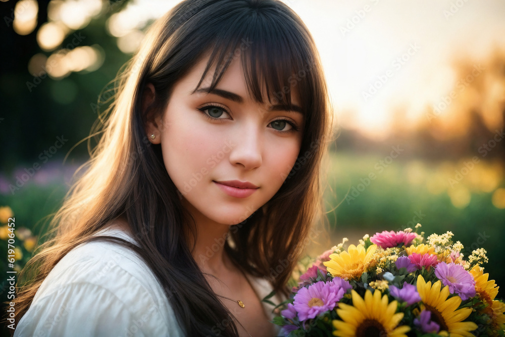 Portrait of a woman with bouquet of flowers in a garden. Generative AI. Portrait of a woman with bouquet of flowers in a garden. Generative AI.