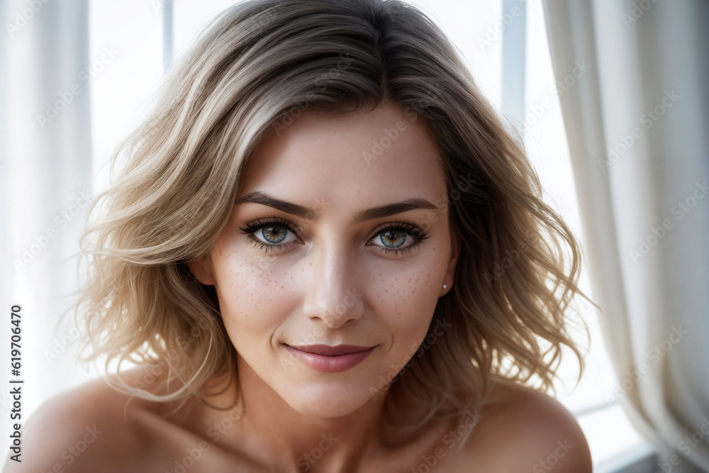 Portrait of a beautiful woman near window in a bedroom. Generative AI. Portrait of a beautiful woman near window in a bedroom. Generative AI.
