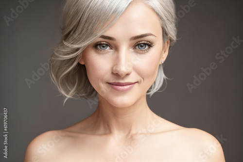 Portrait of a beautiful woman on a gray background, face close-up. Generative AI.