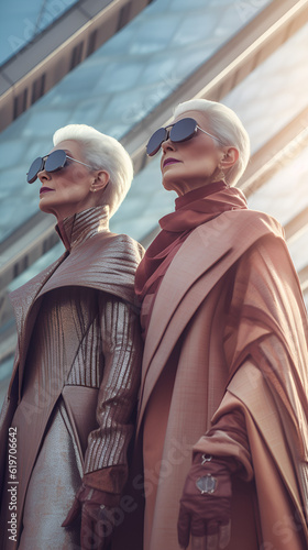 Fashionable grey-haired elderly women pensioners in sunglasses on the street of the city  generated by AI