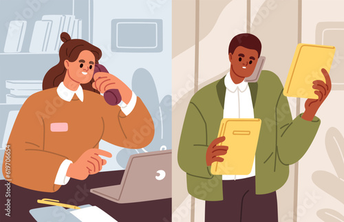 Business communication by phone call concept. Colleagues talking, speaking on telephone, asking for help. Woman and man employees, managers, office workers dialogue. Flat vector illustration