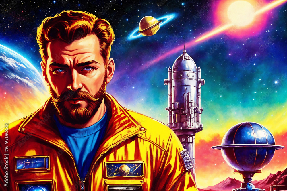Obraz premium Spaceman on background of stars and universe, space theme in the retro futurism style of the 60s. Generative AI.
