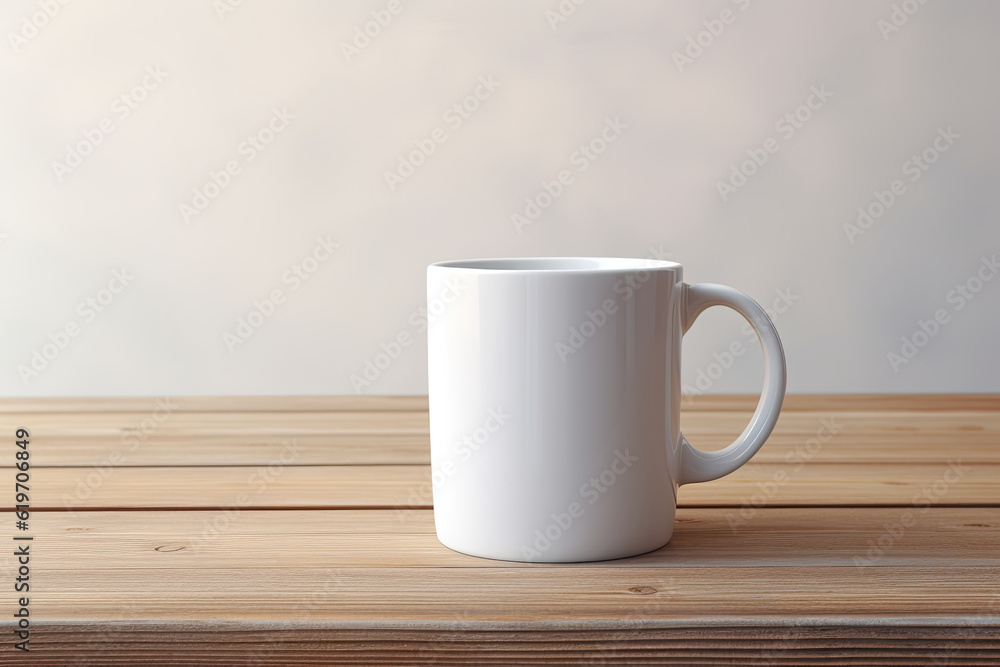 White Coffee Mug Mockup on Table , Minimalistic and Modern Design.