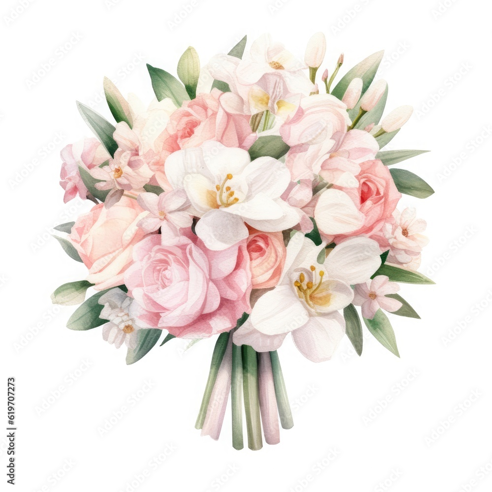 Classic light pink creamy beige flowers, design wedding bouquet. Floral watercolor illustration on white background.